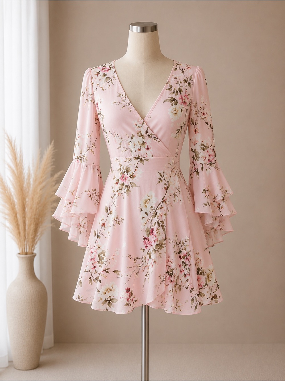 Boohoo Pink Floral Wrap Mini Dress with Tiered Bell Sleeves
